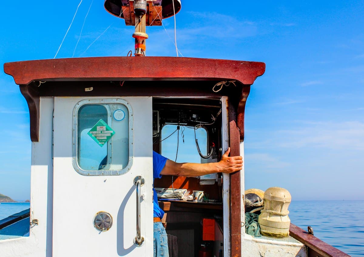 Guided tour boat crossing calm coastal waters at golden hour
