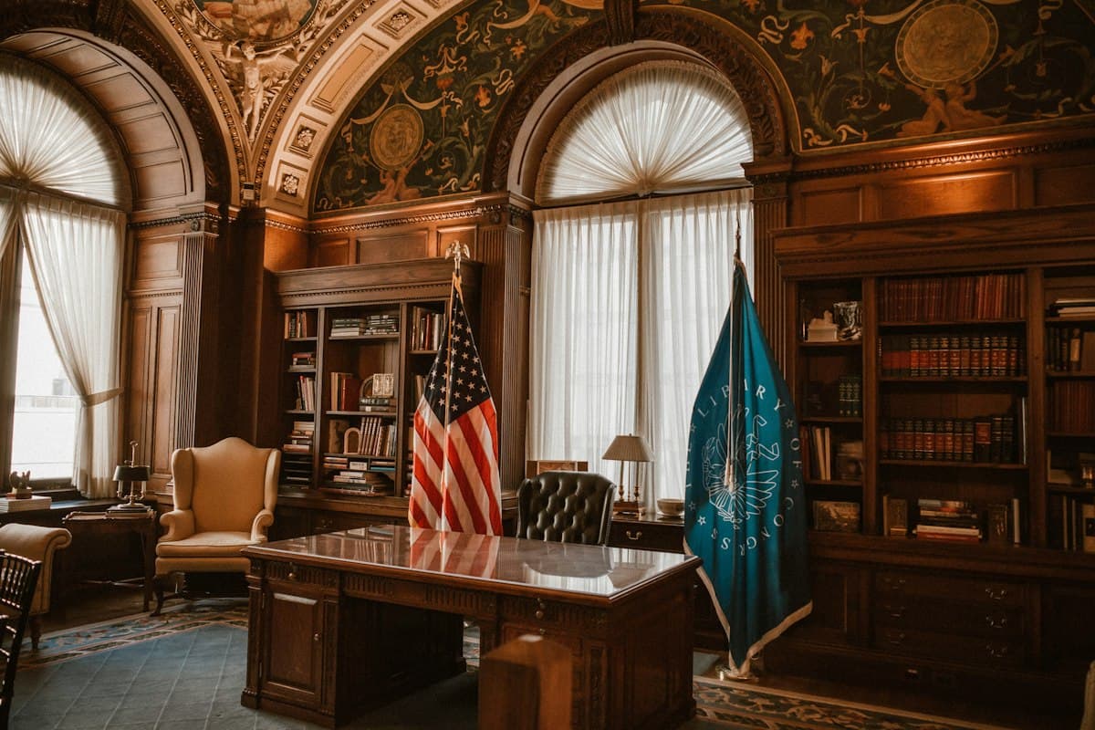Law office desk with legal books and documents