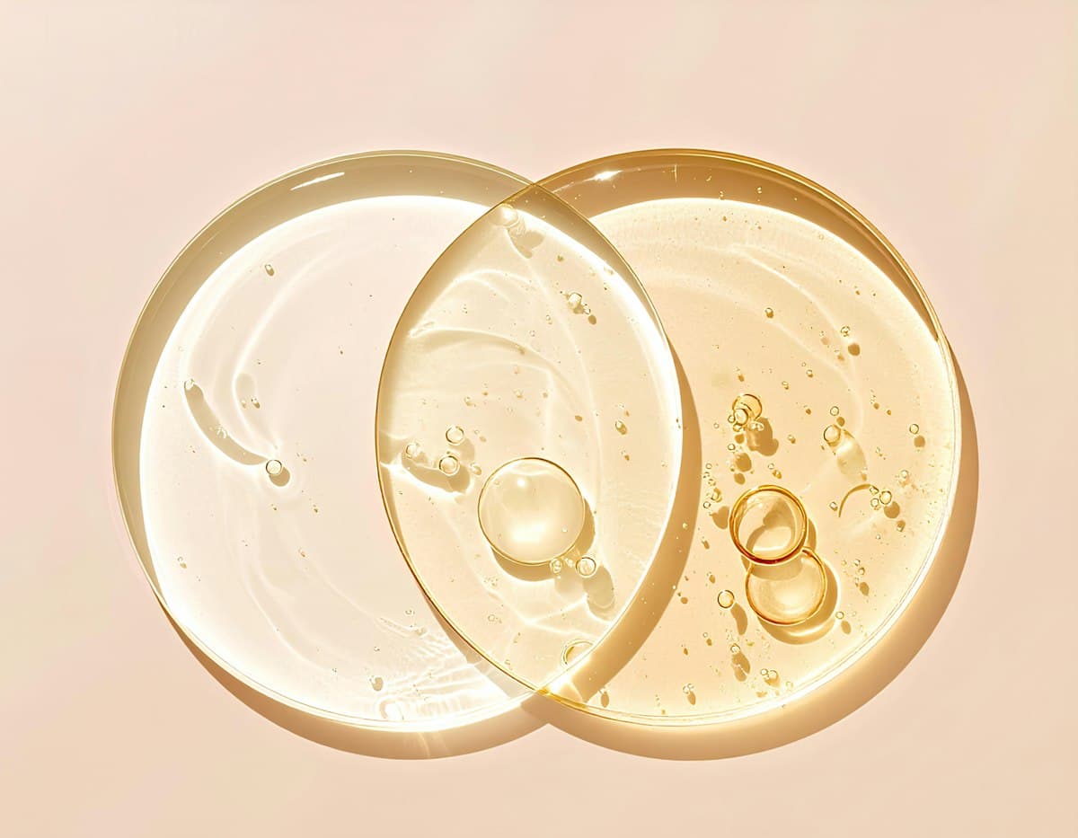 Skincare bottles and products arranged in a clean beauty flatlay